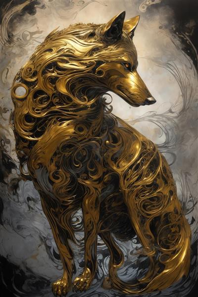 تصویر گرگ نشسته طلایی و سیاه با طرح‌های فانتزی برای روتختی