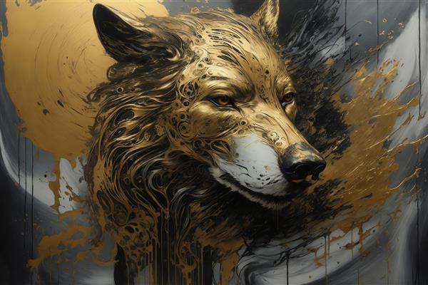 عکس سر گرگ طلایی با پاشش رنگ سیاه و سفید برای تابلو دکوراتیو