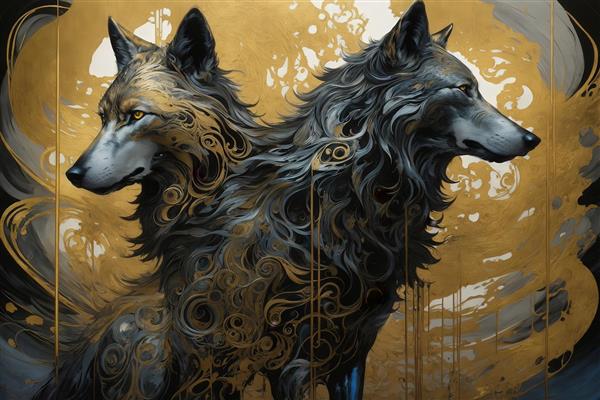 طرح دو گرگ فانتزی سیاه و طلایی برای پوستر دیواری باکیفیت بالا