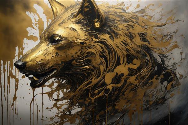 عکس گرگ ایستاده تیره با پس‌زمینه طلایی لوکس برای تابلو