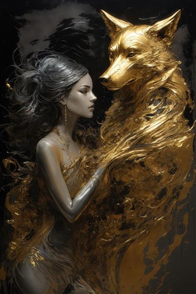 تصویر گرگ نشسته نقره‌ای و طلایی لاکچری برای تابلو دیواری