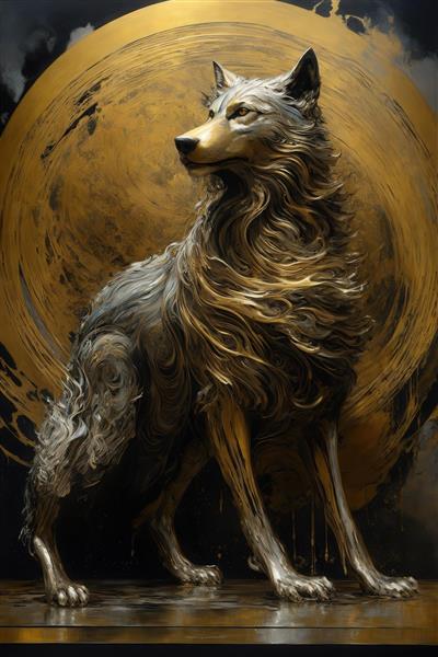 طرح سر گرگ تیره با رنگ طلایی و مشکی انتزاعی برای دکور