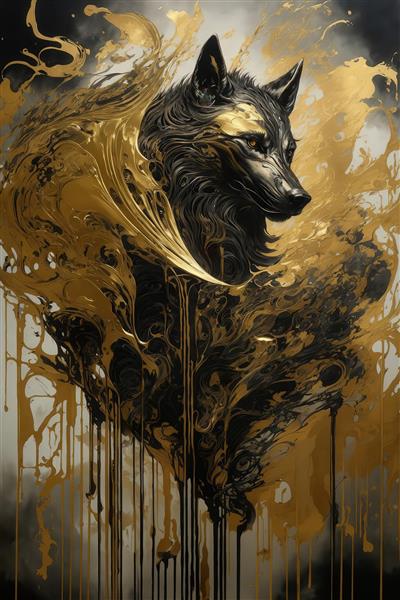 عکس زن و گرگ مشکی طلایی دکوراتیو لوکس برای پوستر دیواری