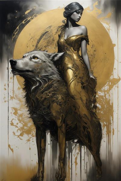 طرح سر گرگ یا سگ خاکستری و طلایی انتزاعی برای تابلو پذیرایی