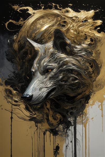 تصویر گرگ دکوراتیو مشکی و طلایی با کیفیت بالا برای چاپ پوستر