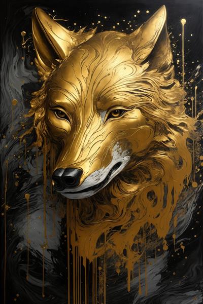 تصویر سر گرگ طلایی با قطره‌های رنگ و بینی مشکی برای تابلو پذیرایی