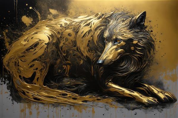 عکس گرگ درازکشیده انتزاعی طلایی با حال و هوای لوکس برای پوستر دیواری