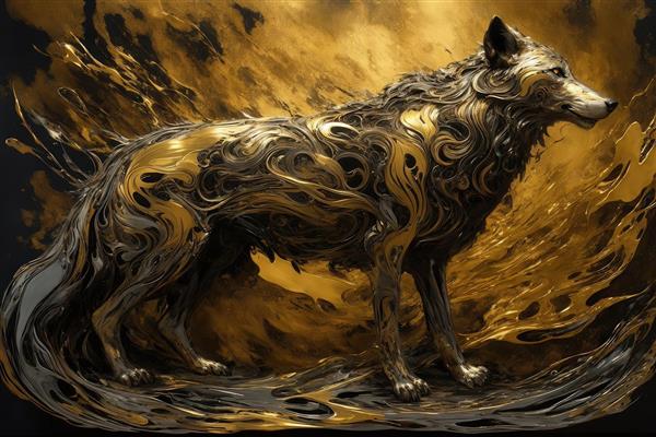 طرح گرگ ایستاده با بافت مجعد طلایی در میان شعله‌های سیاه و زرد
