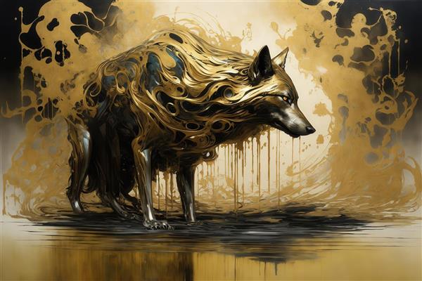 تصویر گرگ طلایی در حال راه رفتن با انعکاس در آب برای چاپ دکوراتیو