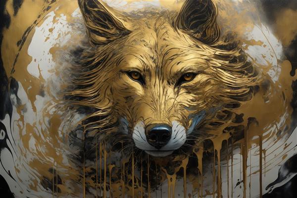 عکس سر گرگ طلایی خشن با پس‌زمینه سیاه و سفید انتزاعی برای تابلو