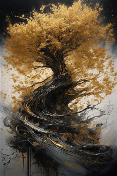 طرح درخت گردابی انتزاعی با برگ‌های طلایی برای روتختی و پرده دکوراتیو