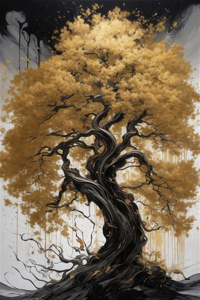 عکس درخت تنومند با شاخه‌های درهم طلایی و تنه مشکی برای چاپ عریض