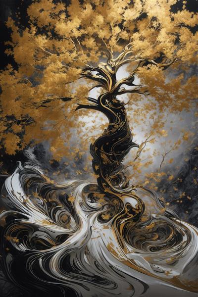 تصویر درخت بونسای طلایی و مشکی با برگ‌های پاییزی برای پوستر دیواری