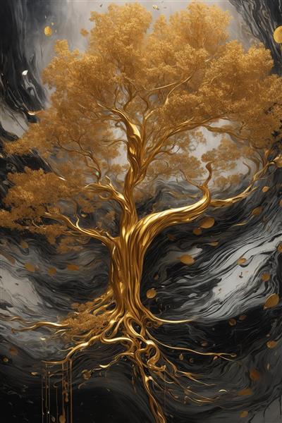 طرح درخت طلایی فانتزی و ریشه‌های درهم با پس‌زمینه ابر دکوراتیو