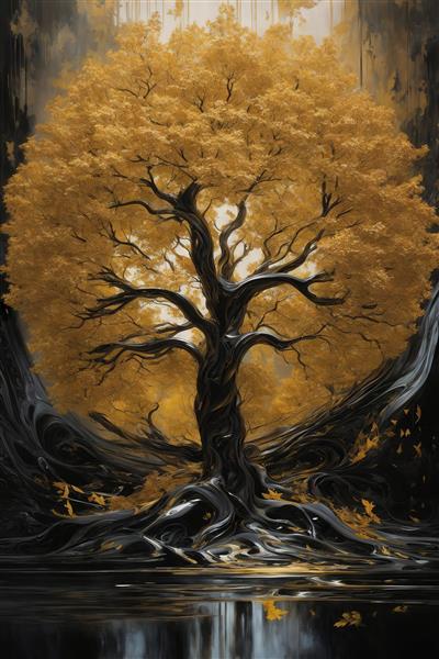 عکس درخت زندگی طلایی با ریشه‌های در آب برای تابلو دکوراتیو