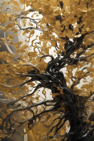 طرح نزدیک درخت با شاخه‌های درهم و برگ‌های طلایی برای پوستر دکور