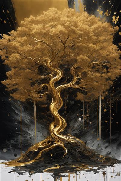 عکس درخت طلایی با تنه مارپیچ در محیط سیاه و ستاره‌ای برای تابلو خاص