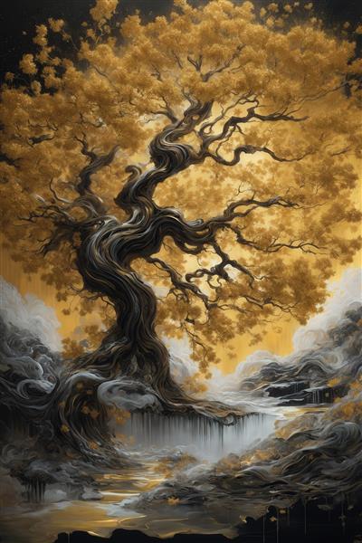 طرح درخت کهن طلایی در مه با زمینه زرد برای چاپ پرده و روتختی