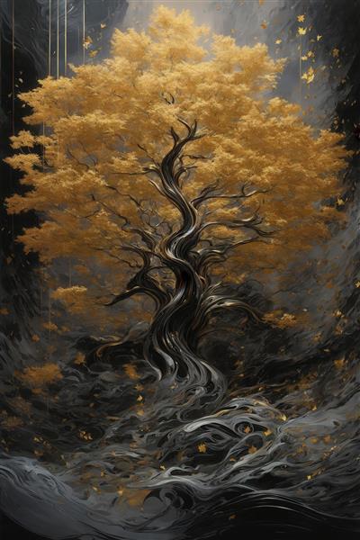 تصویر درخت باستانی طلایی در محیطی غبارآلود و تیره برای پوستر لوکس