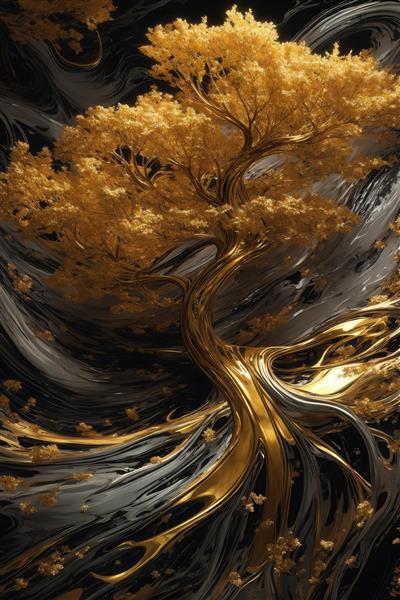 عکس درخت طلایی با ریشه‌های کشیده در محیط آبستره تیره برای دکور