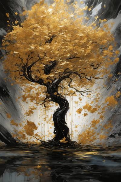 طرح درخت طلایی با برگ‌های ریز و محیط بارانی برای تابلو اتاق نشیمن