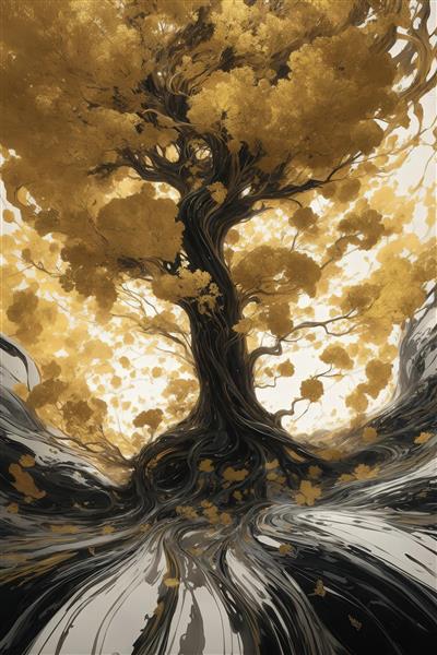 تصویر درخت پر برگ طلایی با تنه قوی برای چاپ عریض پرده و روتختی