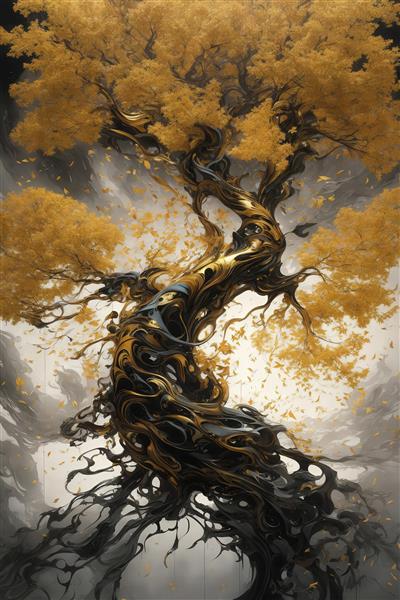 عکس درخت تناور با پیچش تنه طلایی و ریشه‌های مشکی برای تابلو دکور