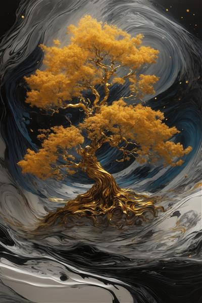 طرح درخت طلایی بونسای با ریشه‌های آبرنگی برای پوستر دیواری خاص