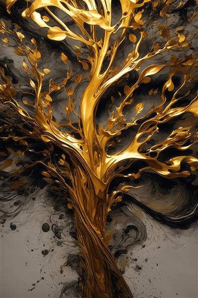طرح نزدیک تنه درخت با شاخه‌های طلایی و سبک آبستره برای چاپ روی ماگ
