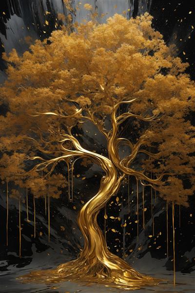 تصویر درخت با تنه طلایی و قطرات طلای مایع برای پوستر دیواری لوکس