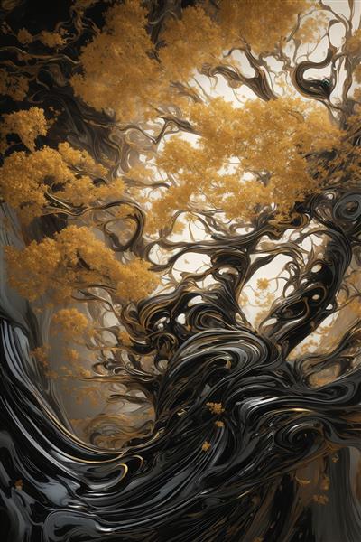 طرح تنه و ریشه‌های درهم درخت با برگ‌های طلایی برای چاپ عریض دکور