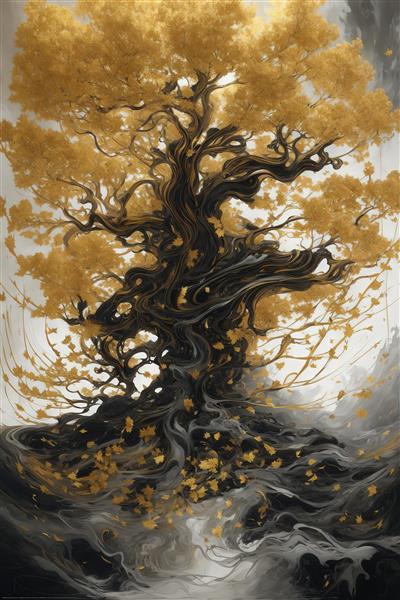عکس درخت کهنسال با تنه مشکی و برگ‌های طلایی برای تابلو اتاق نشیمن
