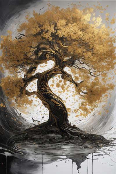 تصویر درخت بن‌سای طلایی با برگ‌های فراوان برای چاپ پرده و روتختی