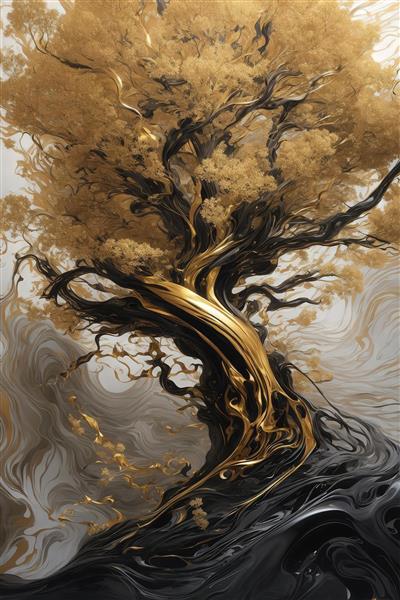 طرح درخت باستانی با تنه طلایی و شاخه‌های درهم برای پوستر دکوراتیو