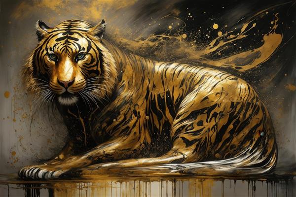 عکس ببر طلایی نشسته کامل با پس‌زمینه خاکستری برای تابلو نشیمن