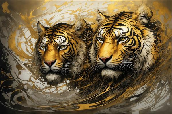 طرح نزدیک دو ببر طلایی با نگاه مستقیم برای چاپ روتختی باکیفیت