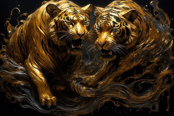 تصویر دو ببر خشمگین طلایی در حال جنگ برای تابلو دکوراتیو نشیمن