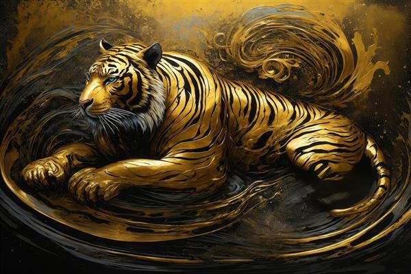 عکس ببر طلایی خوابیده با چرخش موجی طلای مایع برای چاپ عریض