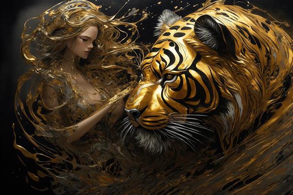 طرح ببر و الهه‌ی طلایی مو بلند با سبک فانتزی برای پوستر دیواری خاص