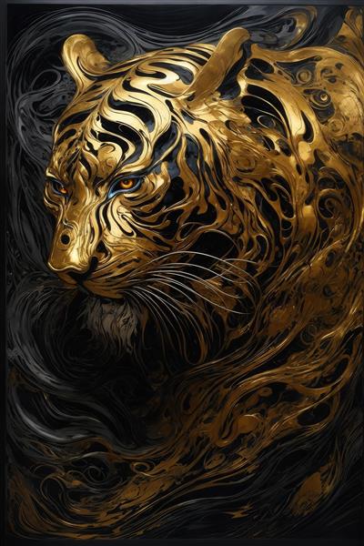 عکس نزدیک ببر طلایی با خطوط منحنی مشکی برای تابلو دکوراتیو تیره