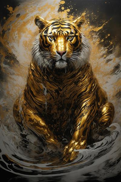 طرح ببر طلایی نشسته کامل با پس‌زمینه آبستره برای پوستر اتاق نشیمن