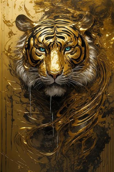 تصویر ببر طلایی با چشمان آبی در میان طلای مایع برای چاپ روی ماگ