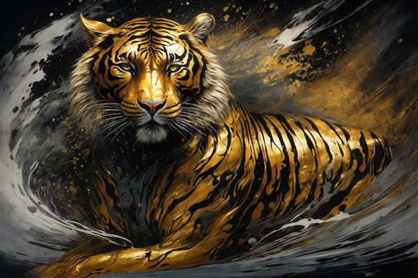 عکس ببر طلایی با بدن کامل در حال کمین برای پوستر دیواری باکیفیت