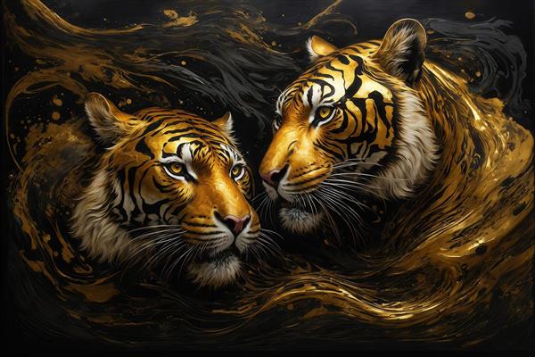 طرح ببر نر و ماده طلایی رو به هم برای چاپ تابلو دکوراتیو عاشقانه
