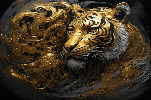 عکس ببر طلایی نیم‌رخ محصور شده در جریان طلایی برای تابلو اتاق خواب