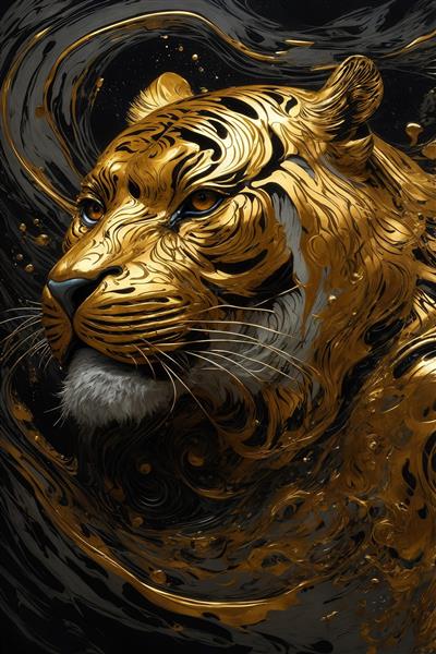 طرح نزدیک ببر طلایی از زاویه‌ی نیم‌رخ با زمینه مشکی برای چاپ تیشرت