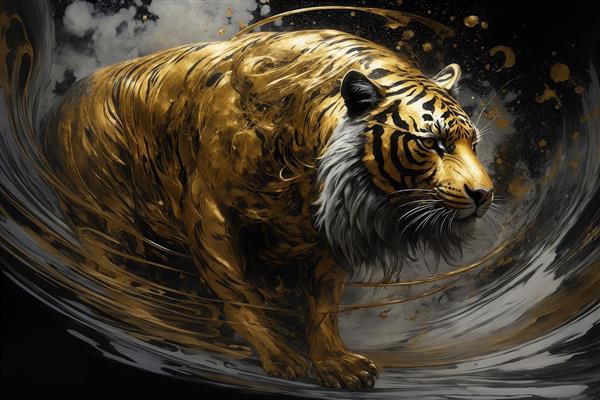 تصویر ببر طلایی قوی در میان گرداب سیاه و طلایی برای چاپ روی کوسن