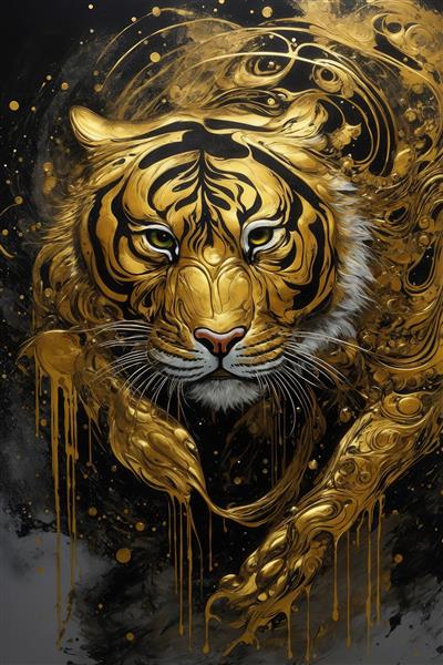 عکس ببر طلایی تمام‌رخ با قطره‌های مایع طلا برای پوستر باکیفیت