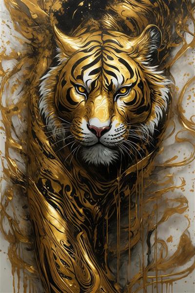 عکس ببر طلایی باشکوه رو به جلو با قطرات طلای مایع برای تابلو
