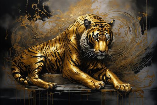 تصویر ببر طلایی نشسته روی سکوی تیره برای چاپ پوستر باکیفیت